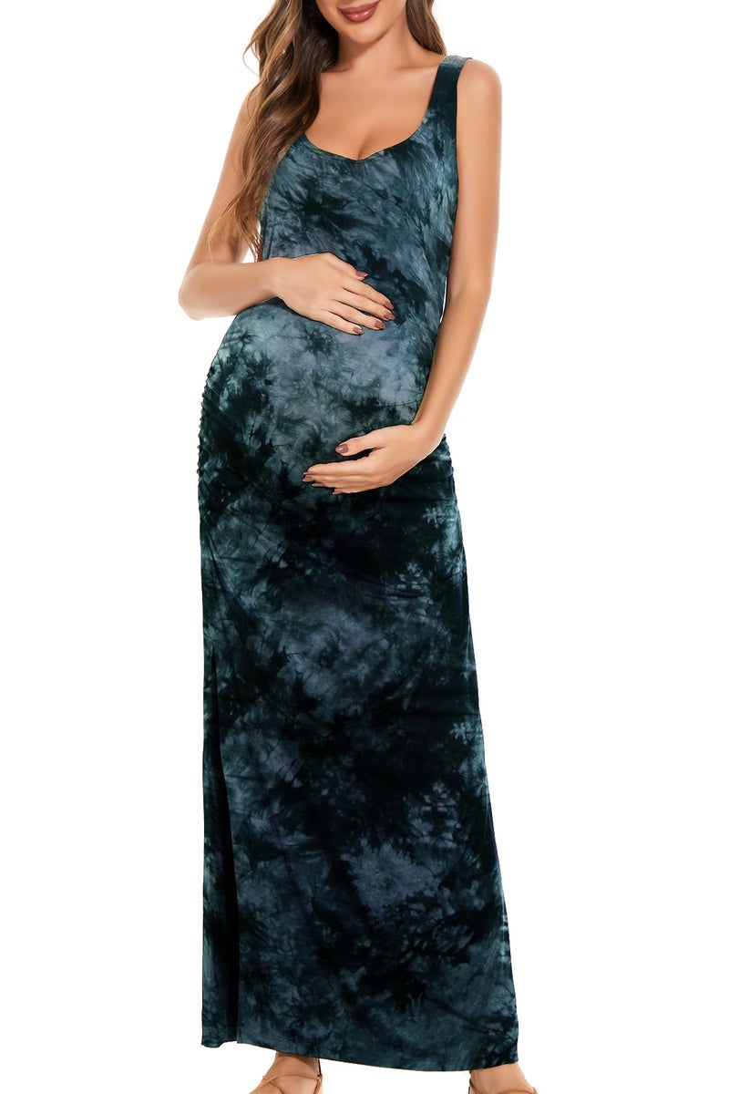 Smallshow Women's Split Long Maternity Dress Sleeveness Ruched Pregnancy Clothes Medium Tie Dye Grey Black - Image 3