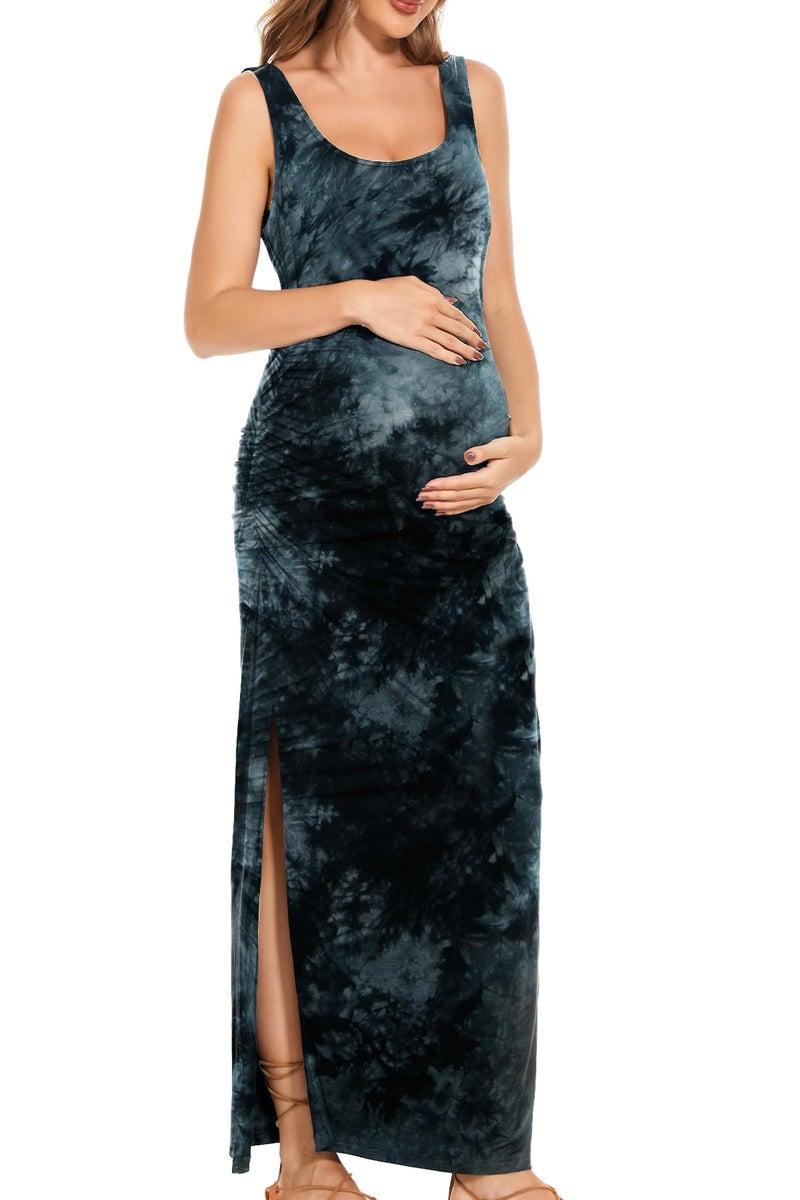 Smallshow Women's Split Long Maternity Dress Sleeveness Ruched Pregnancy Clothes Medium Tie Dye Grey Black - Image 2