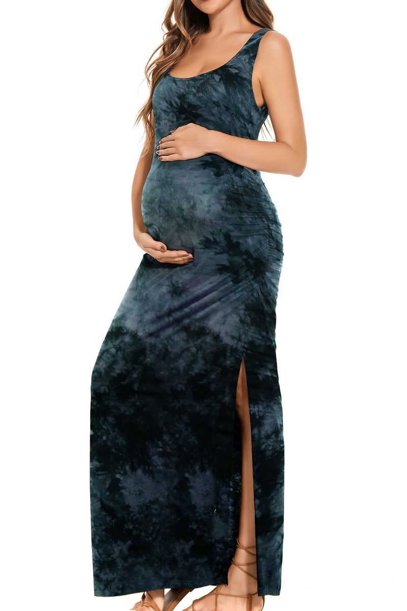 Smallshow Women's Split Long Maternity Dress Sleeveness Ruched Pregnancy Clothes Medium Tie Dye Grey Black - Image 1