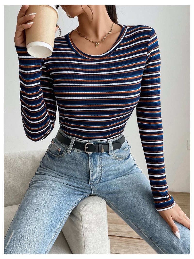 WDIRARA Women's Slim Fit Long Sleeve Striped T Shirt Rib Knit Tee Tops Multicolor Large - Image 4