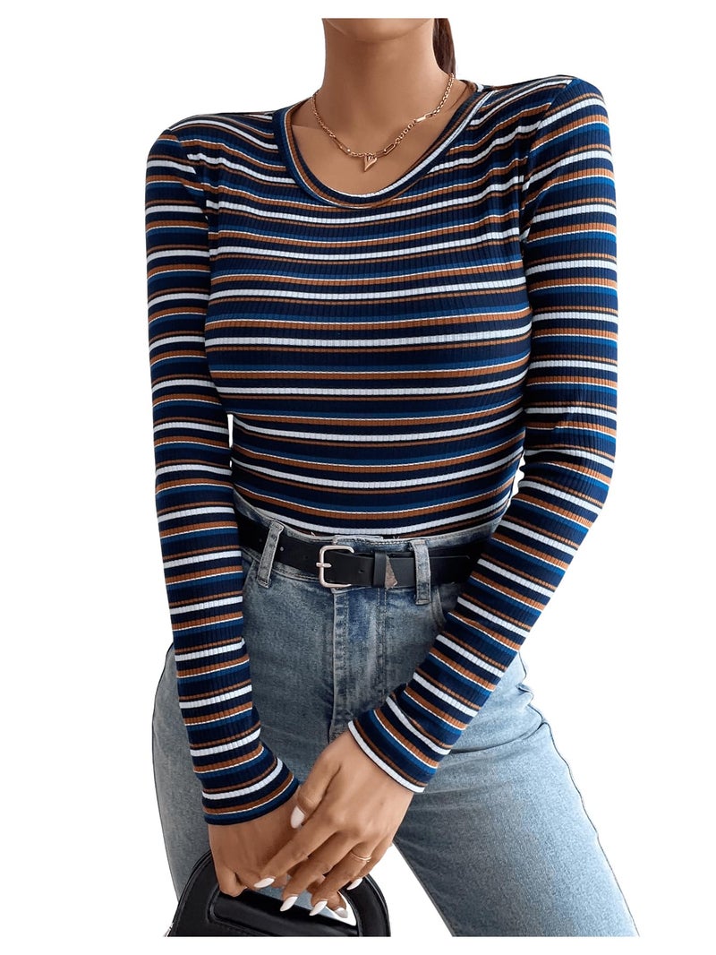 WDIRARA Women's Slim Fit Long Sleeve Striped T Shirt Rib Knit Tee Tops Multicolor Large - Image 1