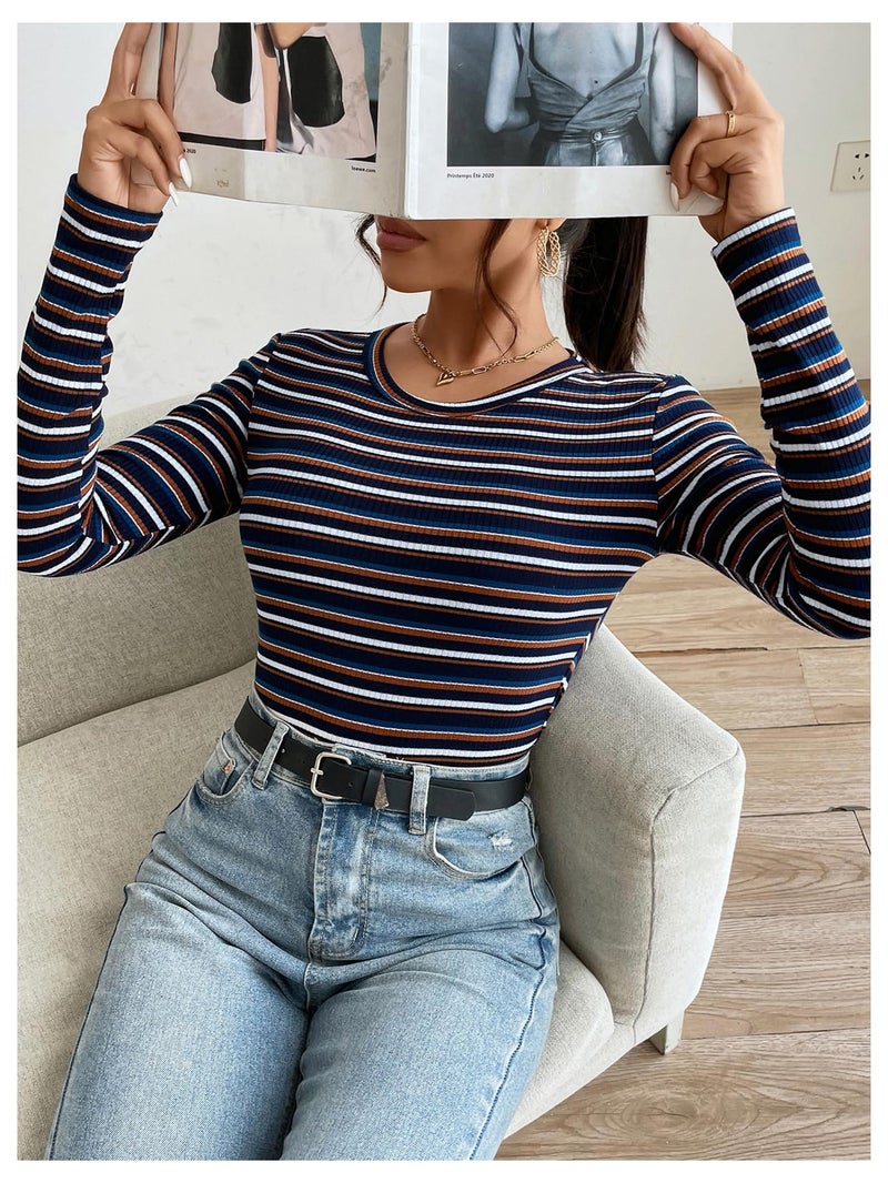 WDIRARA Women's Slim Fit Long Sleeve Striped T Shirt Rib Knit Tee Tops Multicolor Large - Image 3