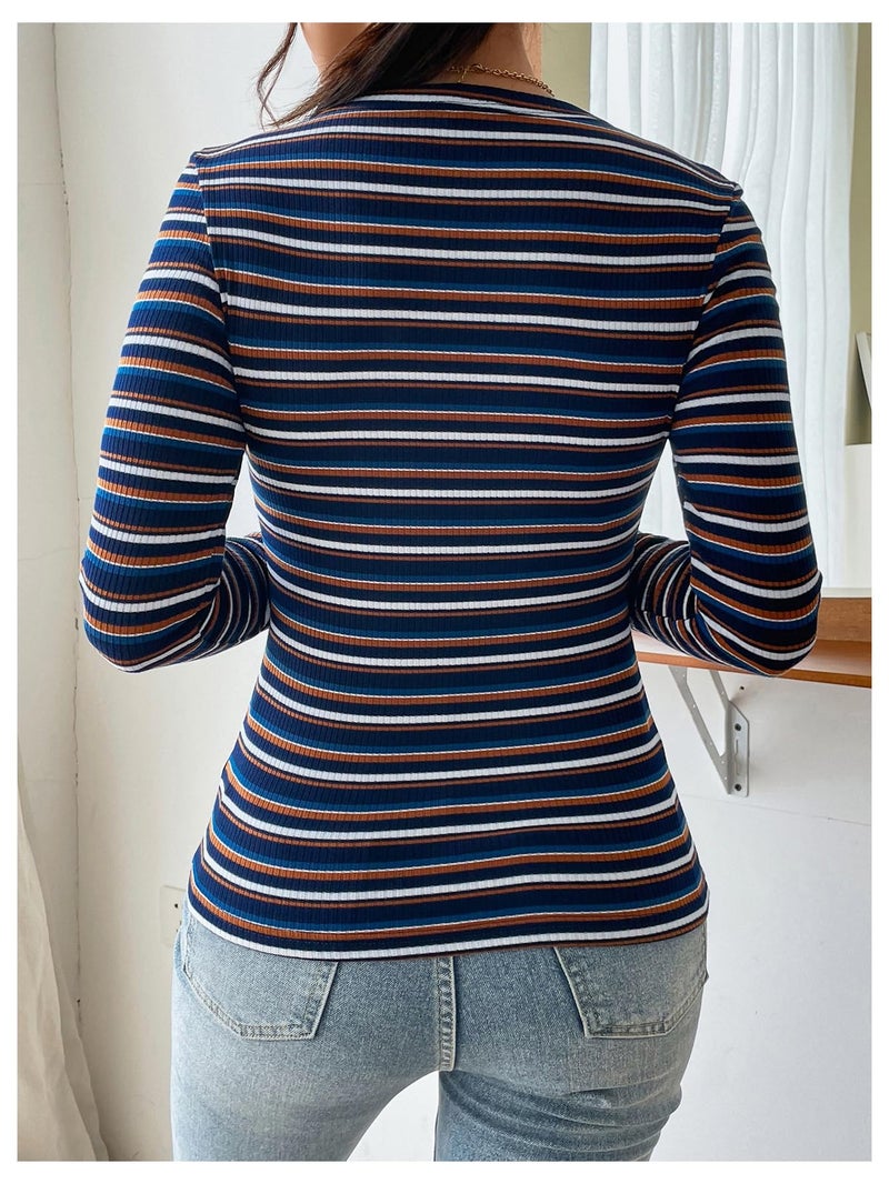 WDIRARA Women's Slim Fit Long Sleeve Striped T Shirt Rib Knit Tee Tops Multicolor Large - Image 2