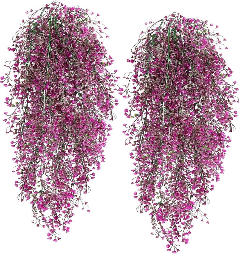 VRB Dec 2 Pcs Artificial Dry Baby's Breath Greenery Hanging Plants Vines Fake Ivy Hanging Flowers Vine Wall Hanging for Home Decor,Wall,Balcony Decoration. (4, Fushia Baby's Breath Fern Hanging) - Image 1