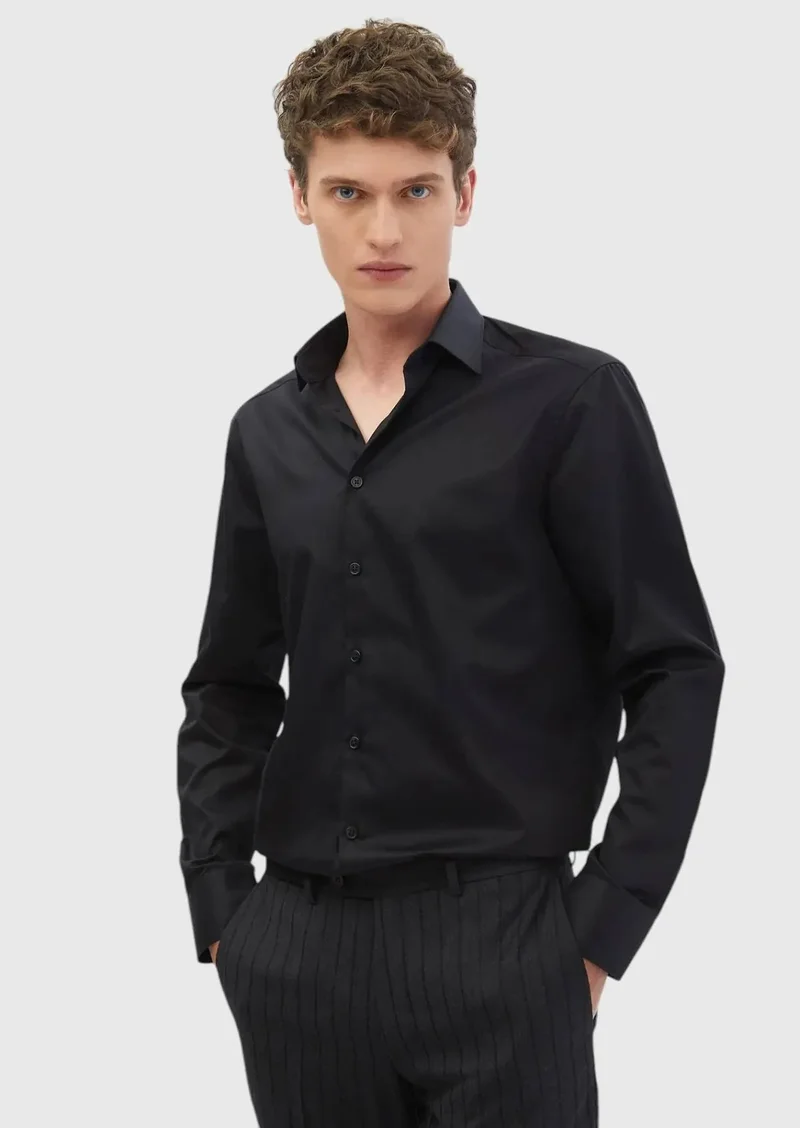 RAMSEY Black Plain Regular Fit Weaving Classical 100% Cotton Shirt