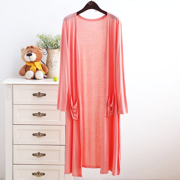 Spring and Summer Modal Long Pocket Cardigan Sun Protection Clothing Womens Casual Air-conditioning Shirt Long Thin Coat Outer Shawl Pink