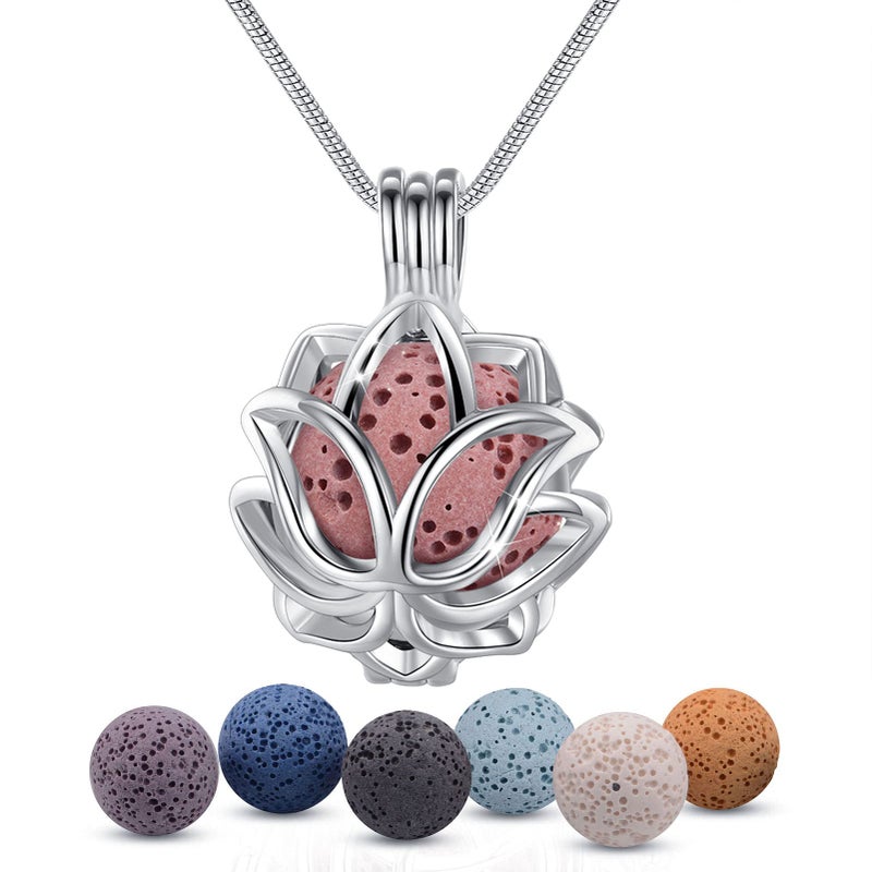 INFUSEU Essential Oil Diffuser Necklace Aromatherapy Jewelry for Women TeenGirls Small Lotus Flower Pendant 7 Lava Rock Stones 24 Snake Chain