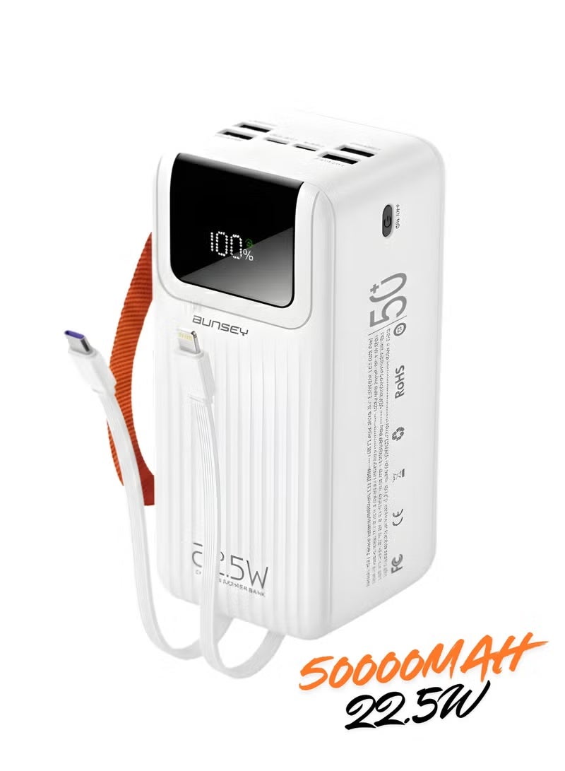 بونسي باور بانك Bunsey بسعة 50000 مللي أمبير وقوة شحن سريع 22.5 واط - 4 كابلات مدمجة (Lightning/Type-C/USB/Micro)، 4 منافذ USB + منفذان Type-C، شاشة عرض رقمية - متوافق مع أجهزة iPhone 15/14/13/12، Samsung S24/S23/S22، Xiaomi، Huawei، Oppo، Vivo وجميع أجهزة Android - شاحن محمول فائق القوة - أبيض - Image 1