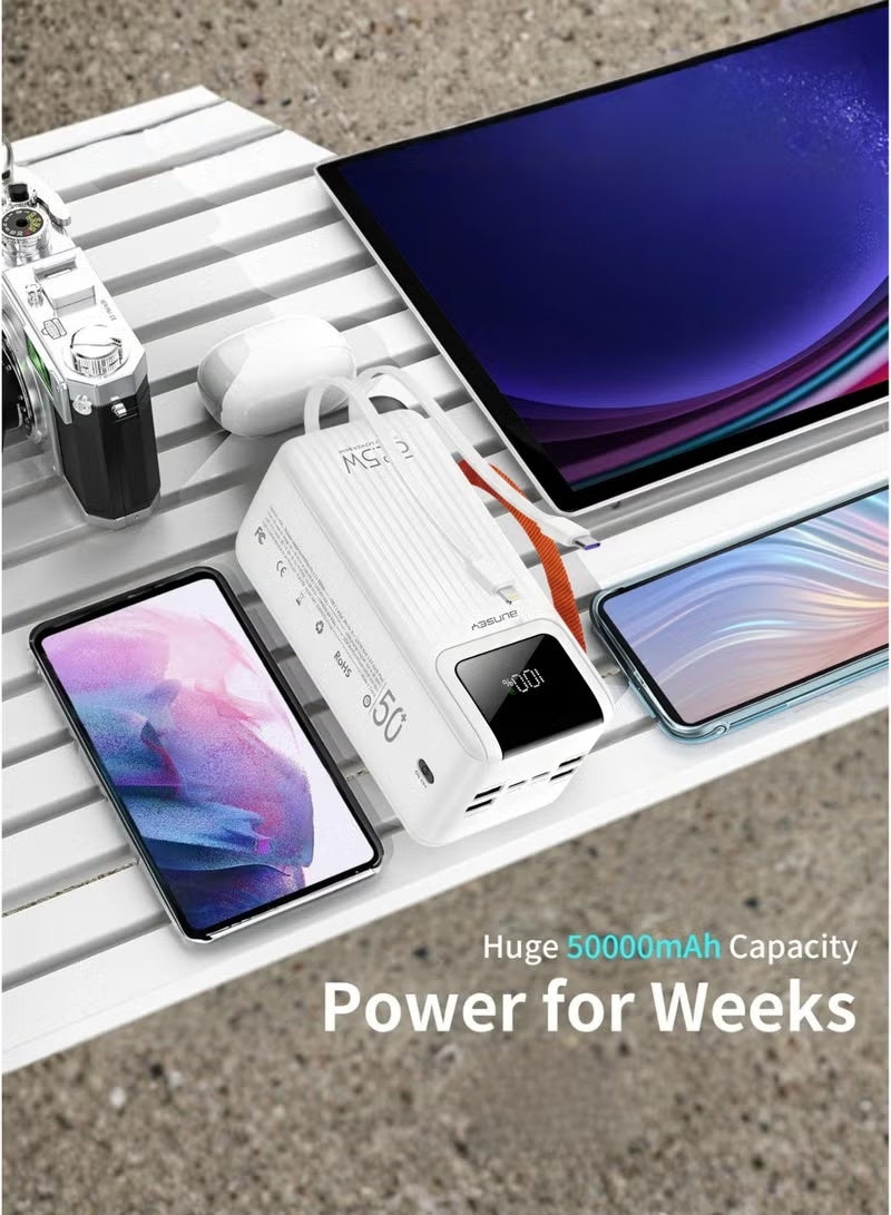 بونسي باور بانك Bunsey بسعة 50000 مللي أمبير وقوة شحن سريع 22.5 واط - 4 كابلات مدمجة (Lightning/Type-C/USB/Micro)، 4 منافذ USB + منفذان Type-C، شاشة عرض رقمية - متوافق مع أجهزة iPhone 15/14/13/12، Samsung S24/S23/S22، Xiaomi، Huawei، Oppo، Vivo وجميع أجهزة Android - شاحن محمول فائق القوة - أبيض - Image 3