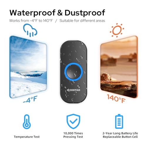 COSTAR Wireless Door Bell Kits Chime for Home Office with LED Light 300 Meter 1000 Feet Operating Range 32 Ringtones 5 Levels Volume, 2 Receiver and 1 Push Button IP44 Waterproof (Pebble T321-Black) - Image 3