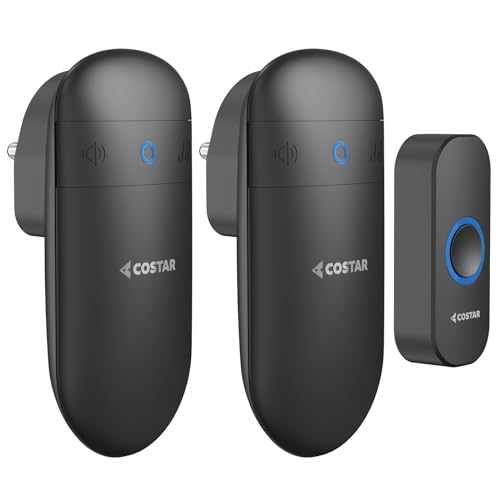 COSTAR Wireless Door Bell Kits Chime for Home Office with LED Light 300 Meter 1000 Feet Operating Range 32 Ringtones 5 Levels Volume, 2 Receiver and 1 Push Button IP44 Waterproof (Pebble T321-Black) - Image 1