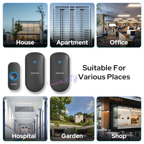 COSTAR Wireless Door Bell Kits Chime for Home Office with LED Light 300 Meter 1000 Feet Operating Range 32 Ringtones 5 Levels Volume, 2 Receiver and 1 Push Button IP44 Waterproof (Pebble T321-Black) - Image 5