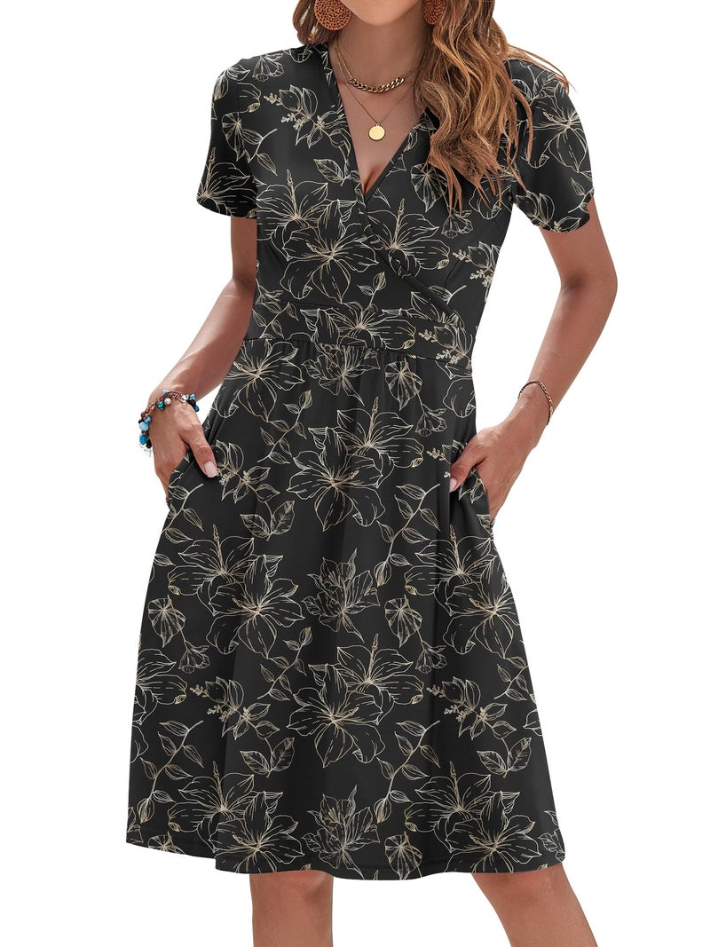 AUSELILY Black Dress Short Sleeve Knee Length Wrap V Neck Summer Dress with Pockets, Black Gold Leaves L - Image 1