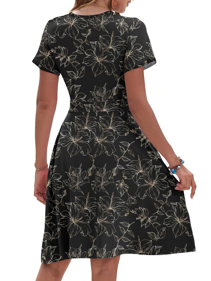 AUSELILY Black Dress Short Sleeve Knee Length Wrap V Neck Summer Dress with Pockets, Black Gold Leaves L - Image 4