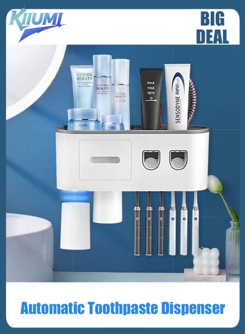 KIIUMI Double Automatic Toothpaste Dispenser, DENSAIL Electric Toothbrush Holder Wall Mounted for Bathrooms with 2 Toothpaste Squeezer, 2 Magnetic Cups, Storage Drawer and 6 Toothbrush Organizer Slots - Image 1