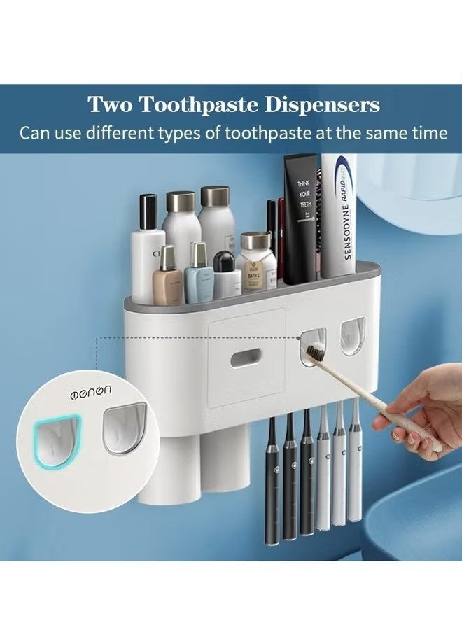KIIUMI Double Automatic Toothpaste Dispenser, DENSAIL Electric Toothbrush Holder Wall Mounted for Bathrooms with 2 Toothpaste Squeezer, 2 Magnetic Cups, Storage Drawer and 6 Toothbrush Organizer Slots - Image 4