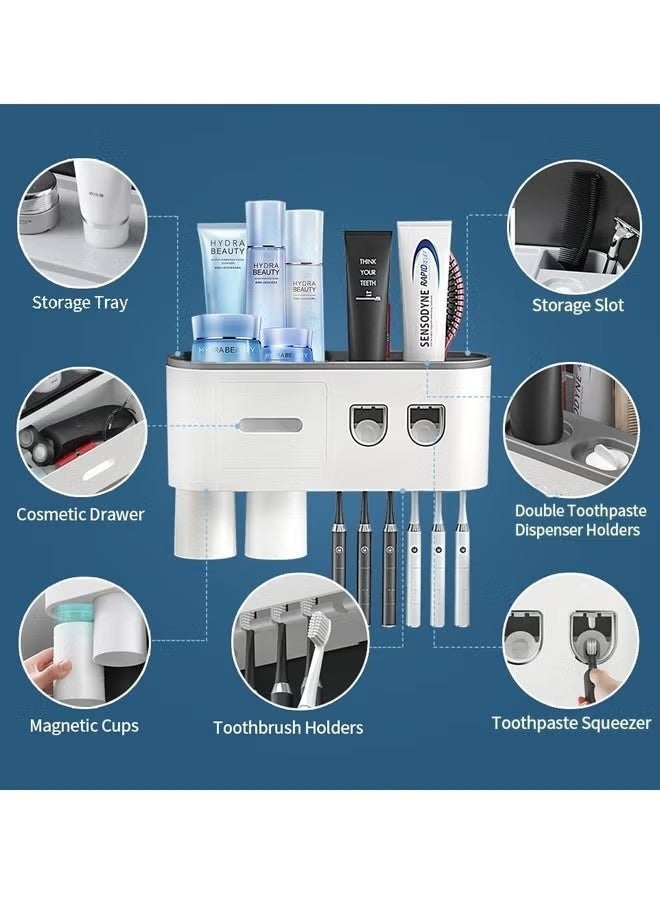 KIIUMI Double Automatic Toothpaste Dispenser, DENSAIL Electric Toothbrush Holder Wall Mounted for Bathrooms with 2 Toothpaste Squeezer, 2 Magnetic Cups, Storage Drawer and 6 Toothbrush Organizer Slots - Image 3
