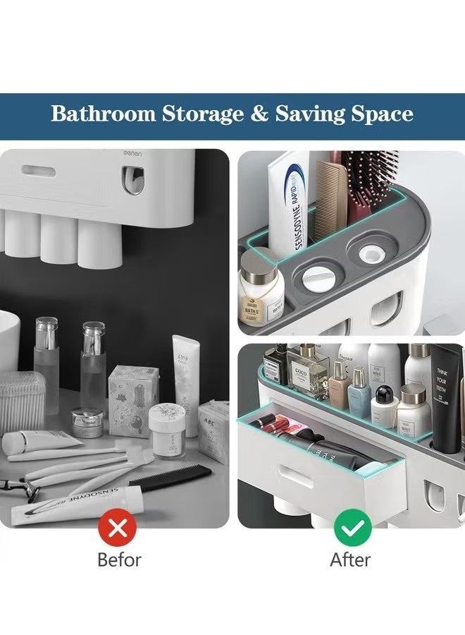 KIIUMI Double Automatic Toothpaste Dispenser, DENSAIL Electric Toothbrush Holder Wall Mounted for Bathrooms with 2 Toothpaste Squeezer, 2 Magnetic Cups, Storage Drawer and 6 Toothbrush Organizer Slots - Image 5