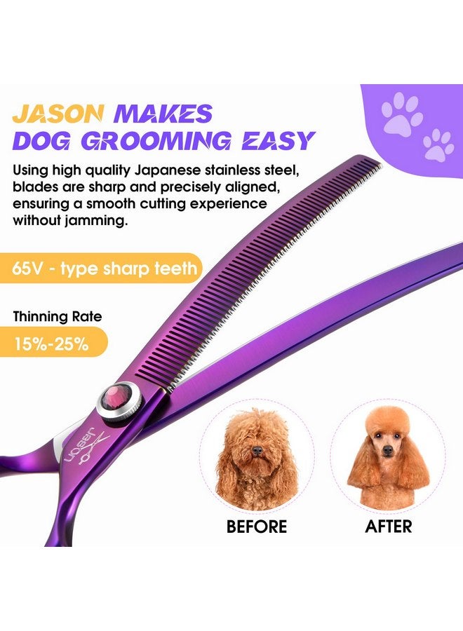 JASON 7.5" Dog Grooming Scissors - Professional Curved Thinning Shears for Grooming, Japanese 440C Stainless Steel Blender Shears with Diamond Adjustable Screw (65 Teeth, Purple) - Image 4