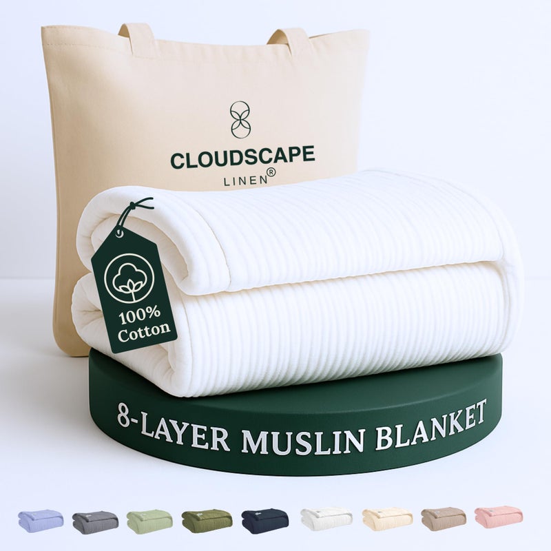 Cloud Scape Linen 8Layer Muslin Blanket King Size for Adult  100 Cotton Breathable and Soft Perfect Winter Cozy Blanket Fits up to California King Bed 92x108 White