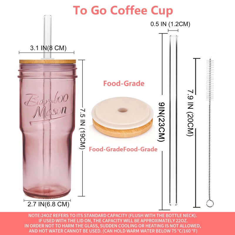 ANOTION Glass Cups with Lids and Straws, 24oz Pink Glass Tumbler Travel Coffee Mug Bamboo Mason Jar Iced Cup Smoothie Tea Clear Cute Water Drinking Jars Glasses - Image 4