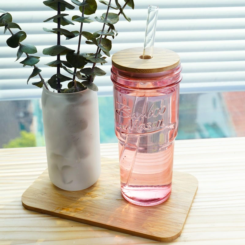 ANOTION Glass Cups with Lids and Straws, 24oz Pink Glass Tumbler Travel Coffee Mug Bamboo Mason Jar Iced Cup Smoothie Tea Clear Cute Water Drinking Jars Glasses - Image 5