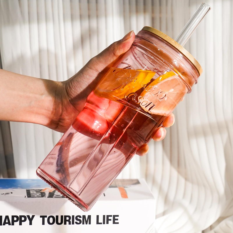 ANOTION Glass Cups with Lids and Straws, 24oz Pink Glass Tumbler Travel Coffee Mug Bamboo Mason Jar Iced Cup Smoothie Tea Clear Cute Water Drinking Jars Glasses - Image 3