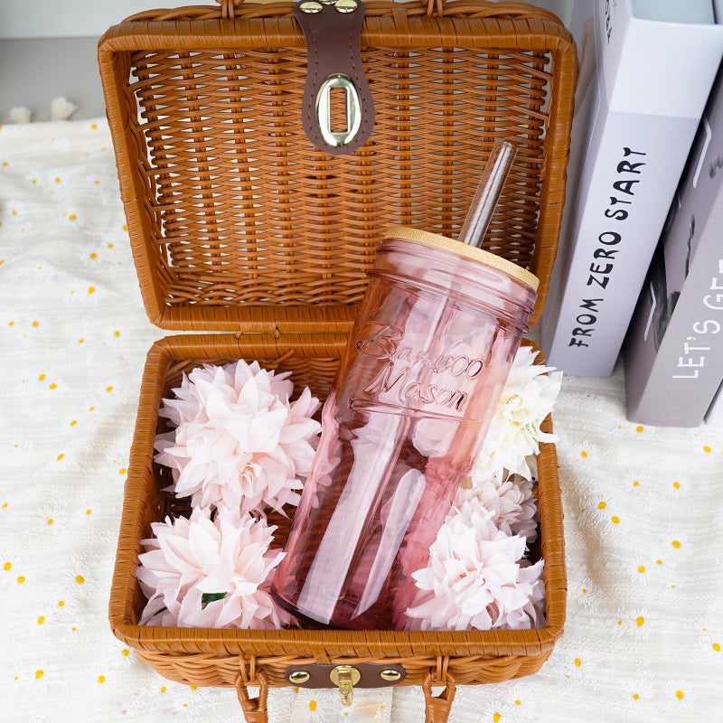ANOTION Glass Cups with Lids and Straws, 24oz Pink Glass Tumbler Travel Coffee Mug Bamboo Mason Jar Iced Cup Smoothie Tea Clear Cute Water Drinking Jars Glasses - Image 2