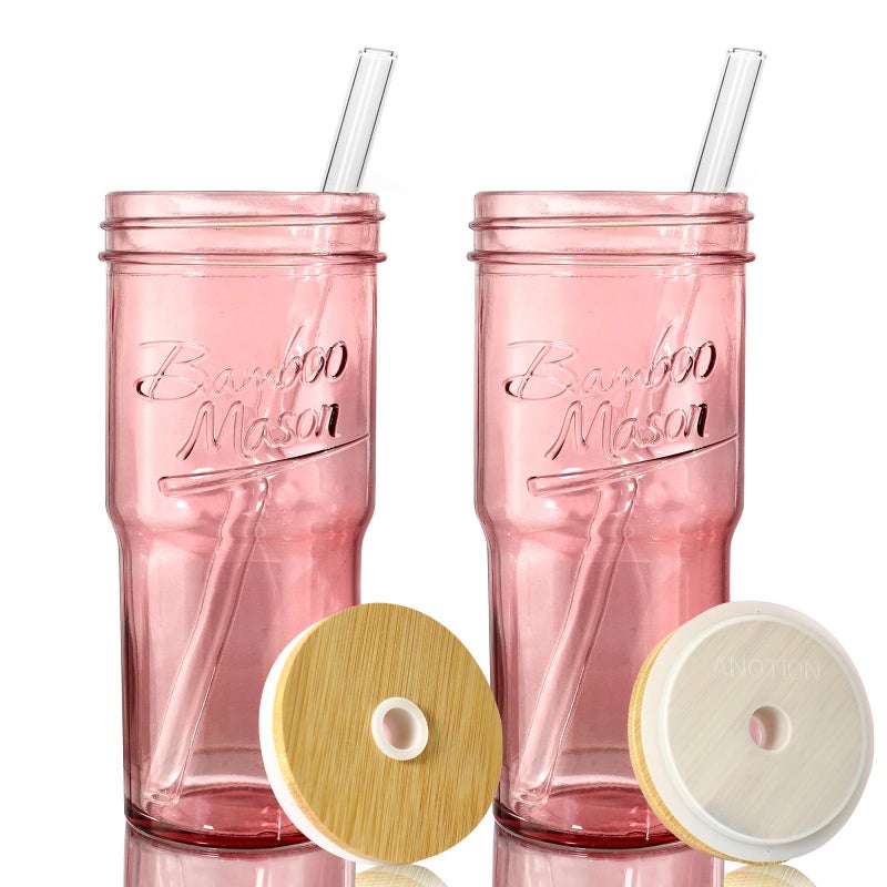 ANOTION Glass Cups with Lids and Straws, 24oz Pink Glass Tumbler Travel Coffee Mug Bamboo Mason Jar Iced Cup Smoothie Tea Clear Cute Water Drinking Jars Glasses - Image 1
