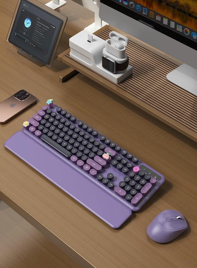 Trueque Wireless Keyboard and Mouse - Cute Typewriter Keyboard with Detachable Wrist Rest, Retro Round Keycaps, Foldable Legs, 2.4GHz Full-Size Keyboard Combo for PC, Laptop, Windows - Trueque (Grape Purple) - Image 2