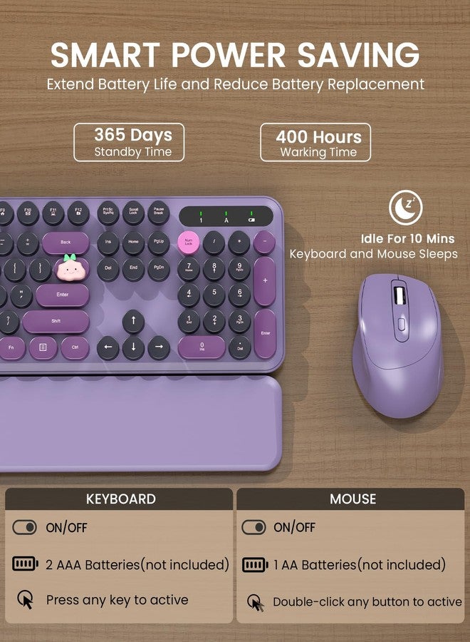 Trueque Wireless Keyboard and Mouse - Cute Typewriter Keyboard with Detachable Wrist Rest, Retro Round Keycaps, Foldable Legs, 2.4GHz Full-Size Keyboard Combo for PC, Laptop, Windows - Trueque (Grape Purple) - Image 5