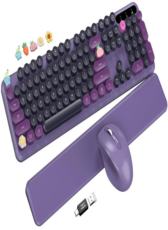 Trueque Wireless Keyboard and Mouse - Cute Typewriter Keyboard with Detachable Wrist Rest, Retro Round Keycaps, Foldable Legs, 2.4GHz Full-Size Keyboard Combo for PC, Laptop, Windows - Trueque (Grape Purple) - Image 1