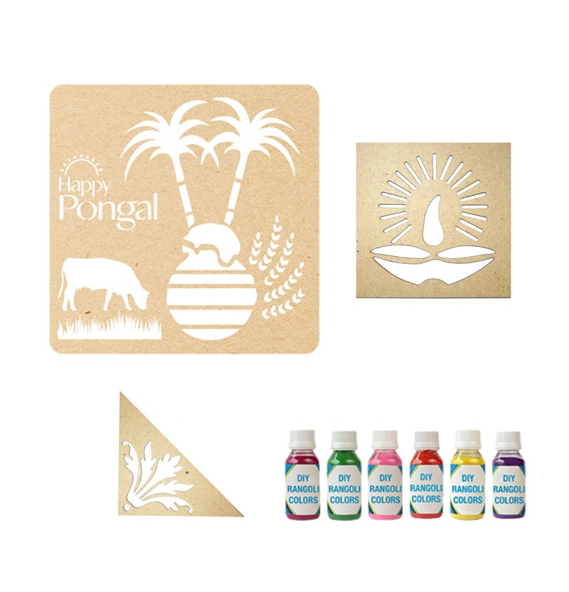 Solobolo Pongal Rangoli Steincils with 6 Rangoli Colours | Kollam Stencils Big Size | Pongal Decoration Items | Corner Rangoli Stencil | Border Rangoli Stencil | Set of 3 with 6 Colors - Image 1