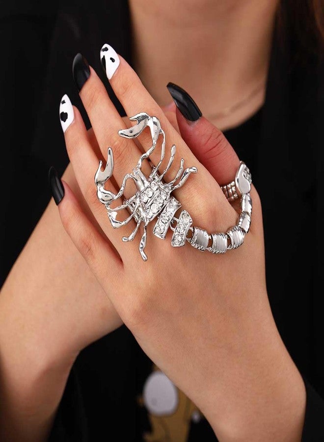 Obmyec Punk Full Finger Ring Bracelet Scorpion Hand Chains Harness Rhinestone Hand Bracelets Adjustable Statement Rings Jewelry for Women (Silver) - Image 3