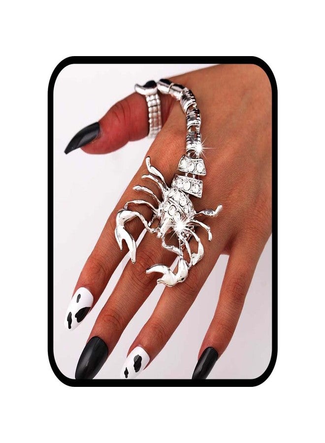 Obmyec Punk Full Finger Ring Bracelet Scorpion Hand Chains Harness Rhinestone Hand Bracelets Adjustable Statement Rings Jewelry for Women (Silver) - Image 1