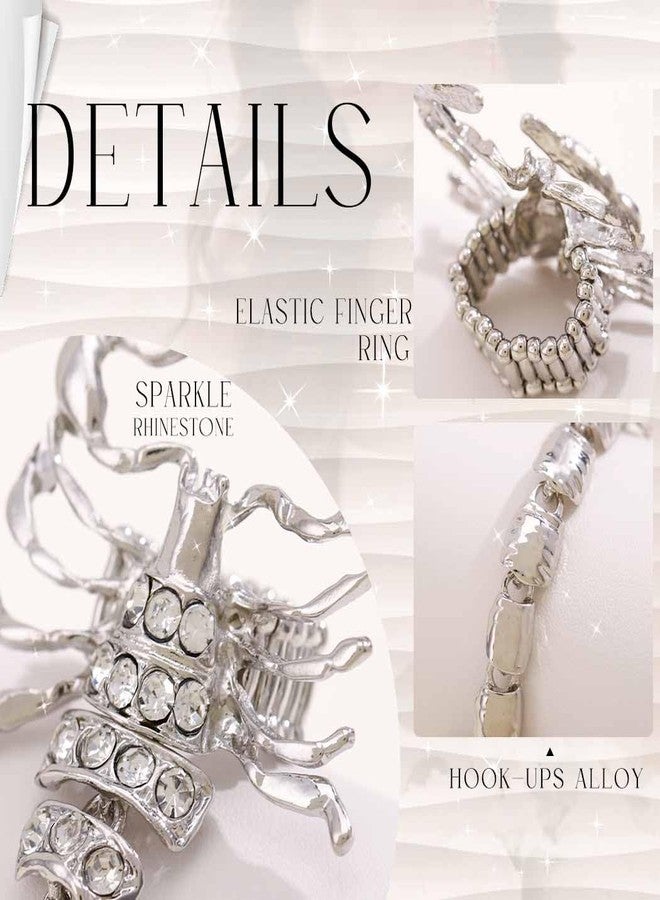 Obmyec Punk Full Finger Ring Bracelet Scorpion Hand Chains Harness Rhinestone Hand Bracelets Adjustable Statement Rings Jewelry for Women (Silver) - Image 4