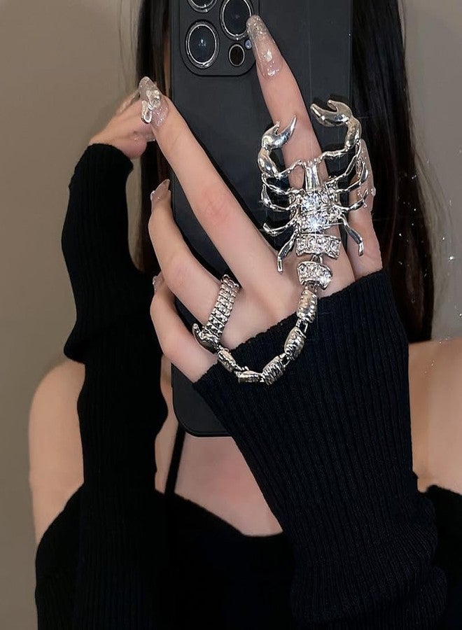 Obmyec Punk Full Finger Ring Bracelet Scorpion Hand Chains Harness Rhinestone Hand Bracelets Adjustable Statement Rings Jewelry for Women (Silver) - Image 5