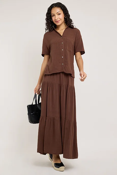 أر أند بي Solid Tiered Skirt with Elastic Waist