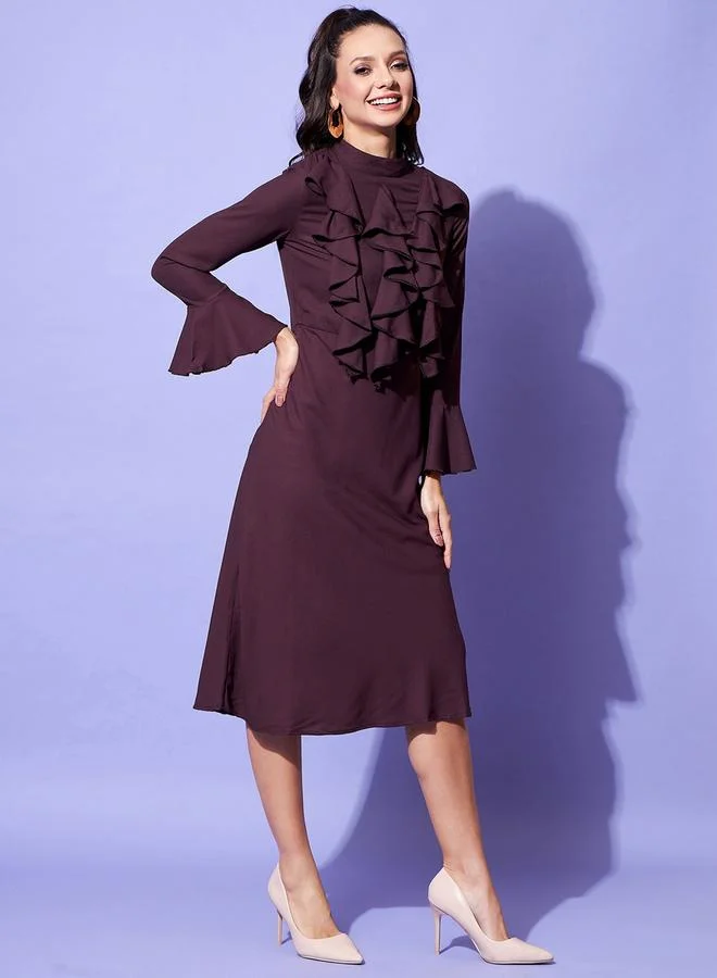 StyleStone  Stylestone Maroon Front Ruffled Bell Sleeve Midi Dress for Women | Best Price UAE