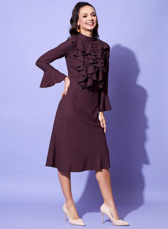 ستايل ستون فستان ميدي بتفاصيل كشكش مع أكمام جرس - Image 5