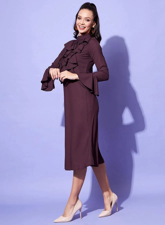 StyleStone  Stylestone Maroon Front Ruffled Bell Sleeve Midi Dress for Women | Best Price UAE