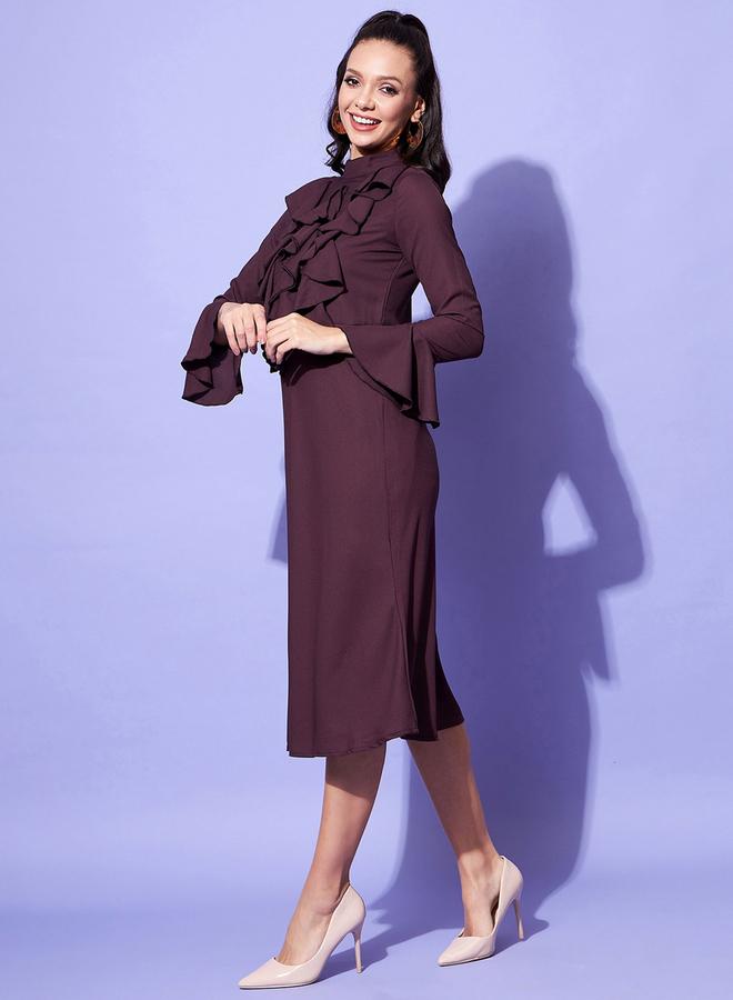 ستايل ستون فستان ميدي بتفاصيل كشكش مع أكمام جرس - Image 4