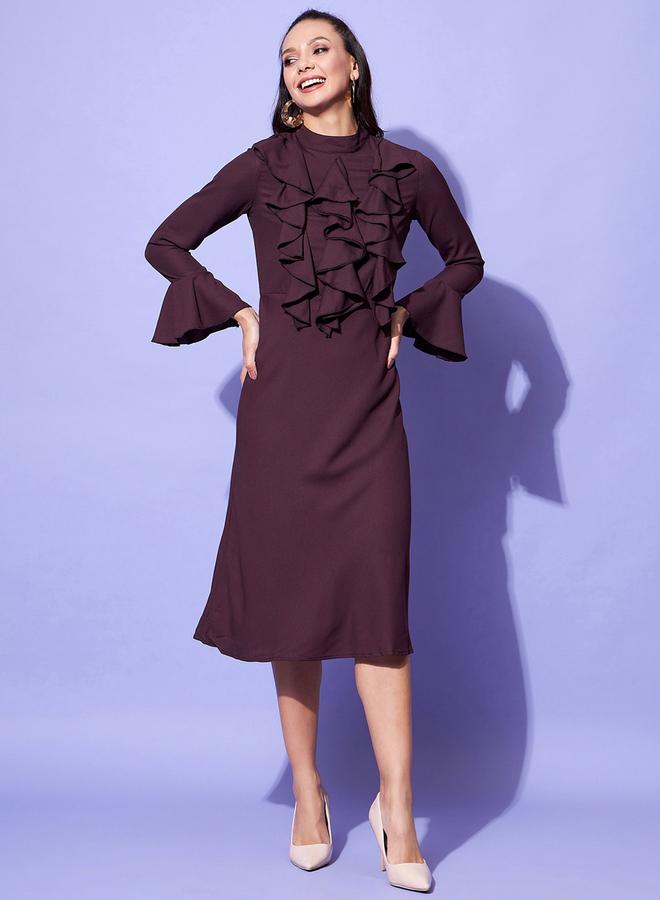 ستايل ستون فستان ميدي بتفاصيل كشكش مع أكمام جرس - Image 1