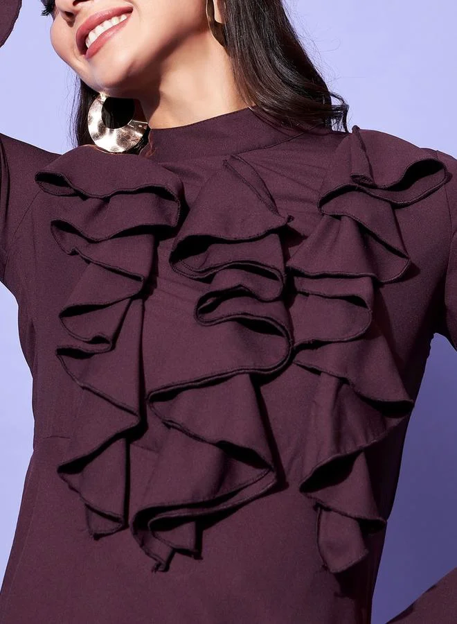 StyleStone  Stylestone Maroon Front Ruffled Bell Sleeve Midi Dress for Women | Best Price UAE