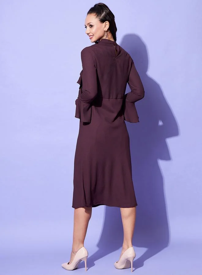StyleStone  Stylestone Maroon Front Ruffled Bell Sleeve Midi Dress for Women | Best Price UAE