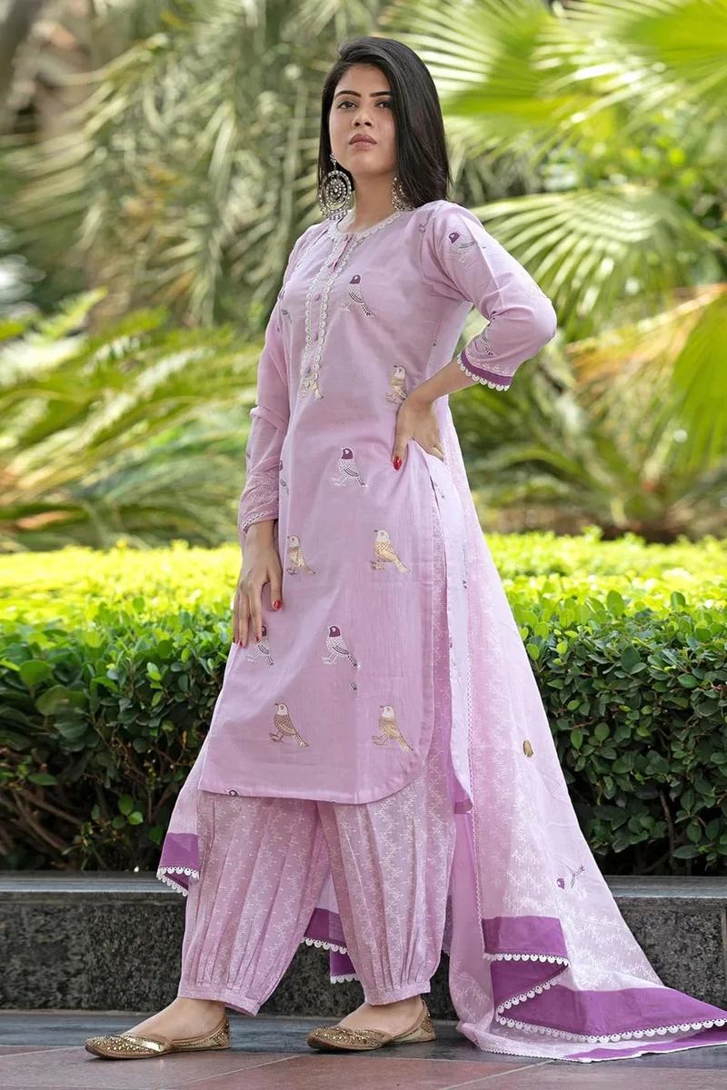 GoSriKi Purple GoSriKi Women's Rayon Blend Hand Block Printed Straight Kurta with Pant & Dupatta (RAGSRI-Purple-GS_L_Purple_Large) for Women | Best Price UAE