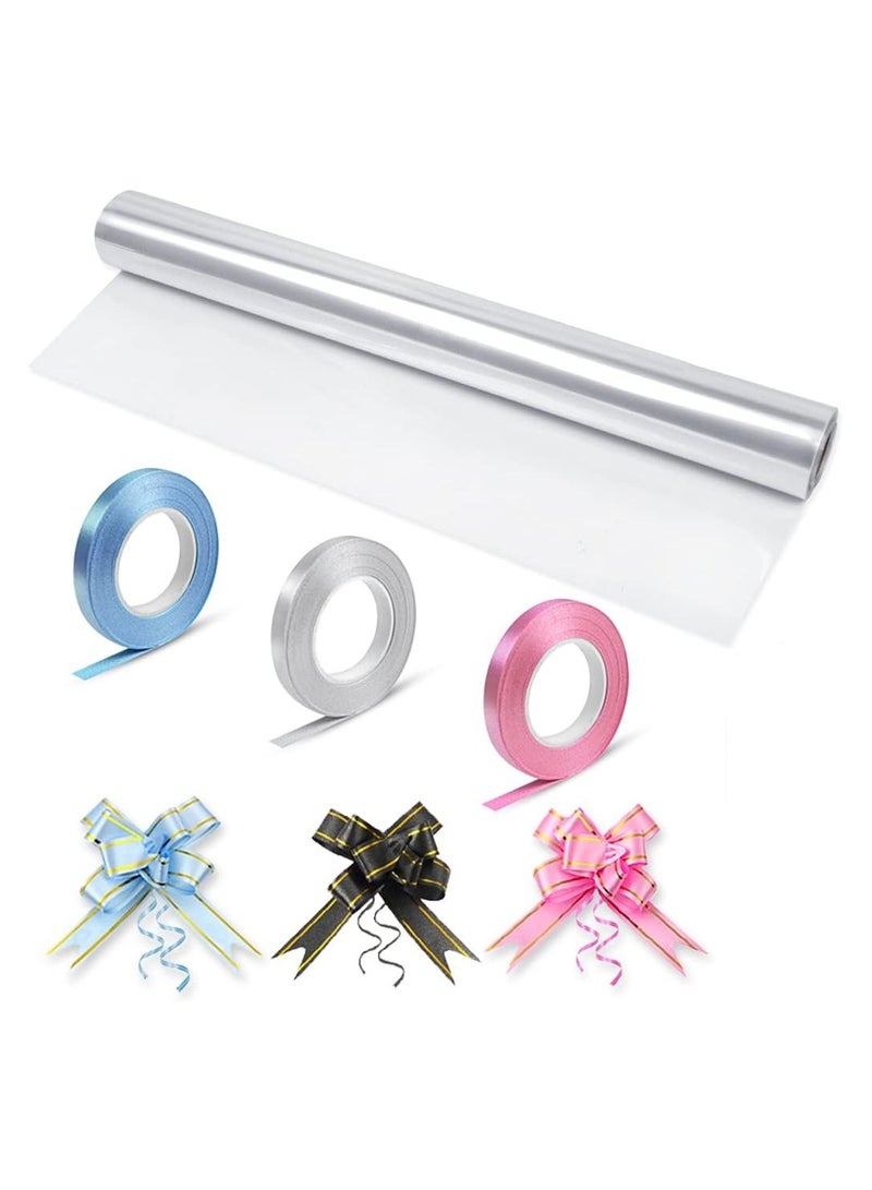 Home zone Clear Cellophane Gift Wrapping Roll with 30 Pull Bows, 3 Ribbon Rolls for Florist Bouquet, Basket Gifts Boxes, Fruit and Crafts (70CM x 10M) - Image 1