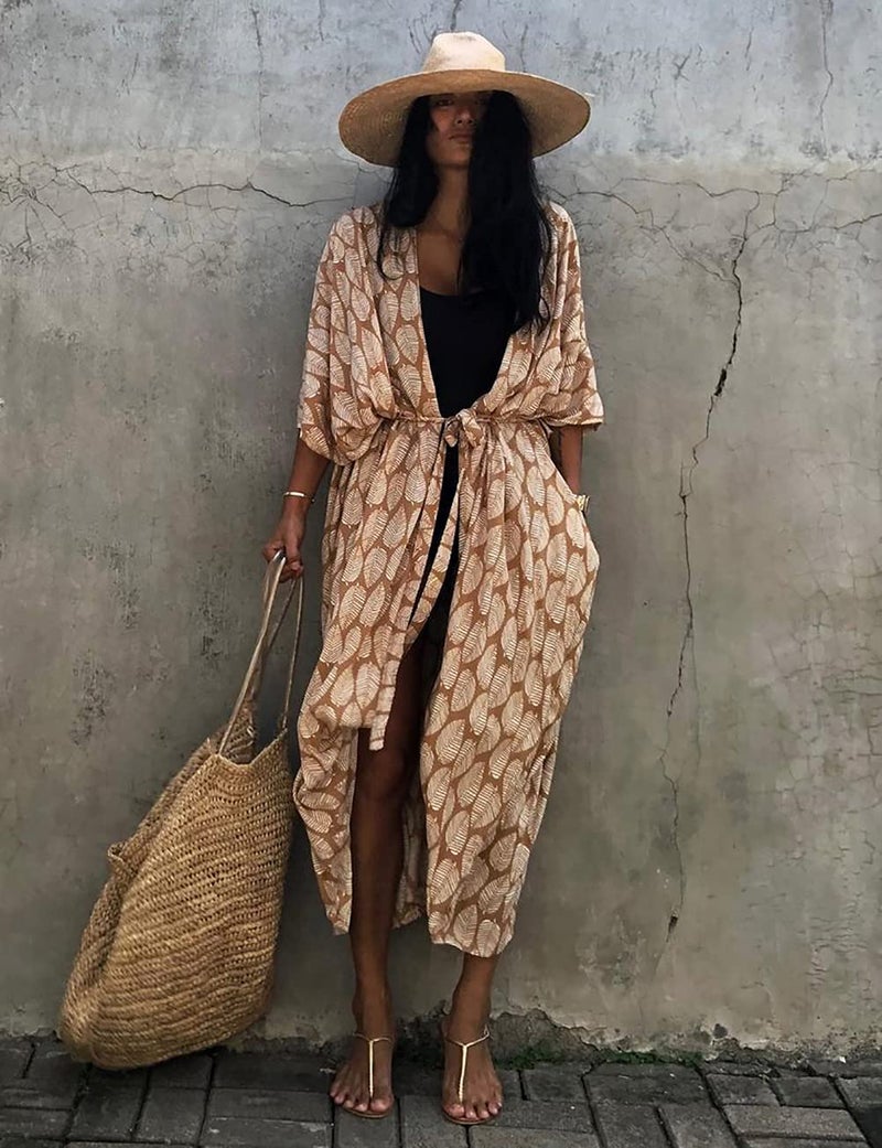 Bsubseach Leaf Print Loose Bathing Suit Cover Up Sexy Kimono 3/4 Sleeve Summer Cardigans for Women Ginger - Image 2