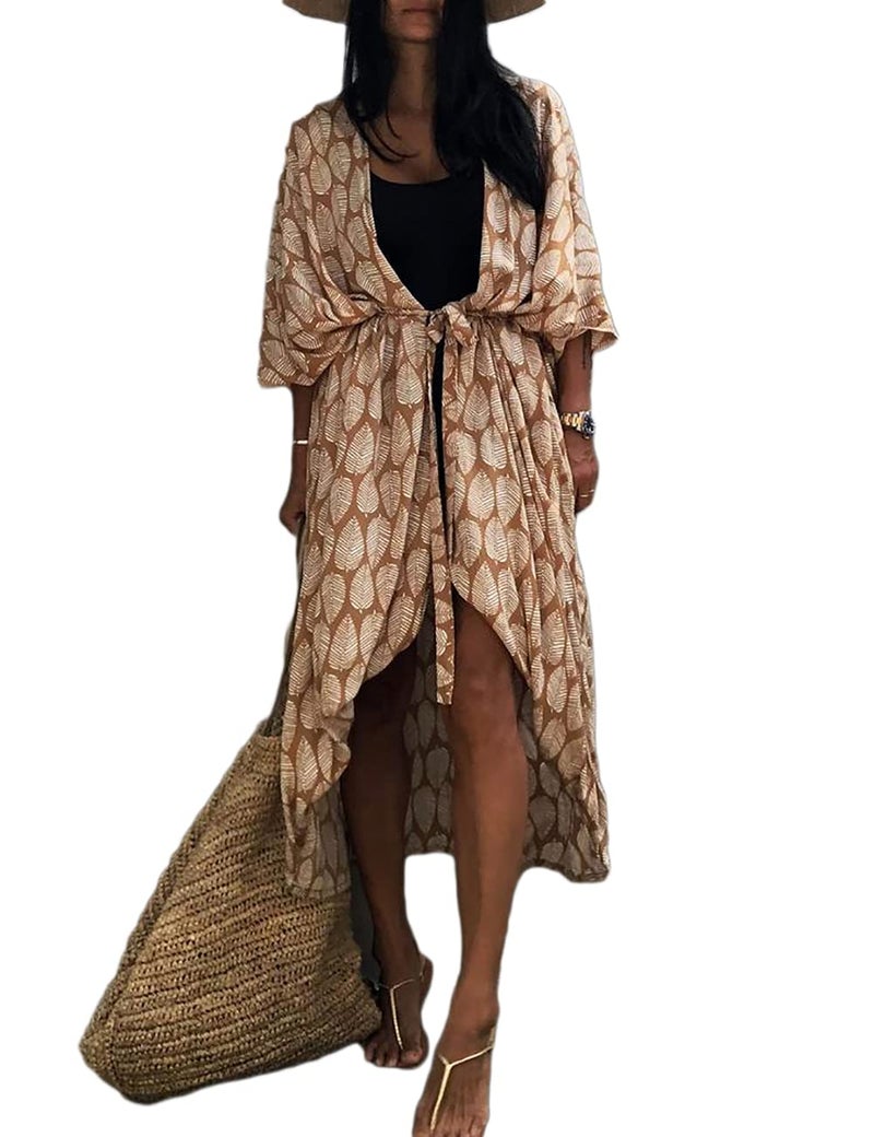 Bsubseach Leaf Print Loose Bathing Suit Cover Up Sexy Kimono 3/4 Sleeve Summer Cardigans for Women Ginger - Image 1