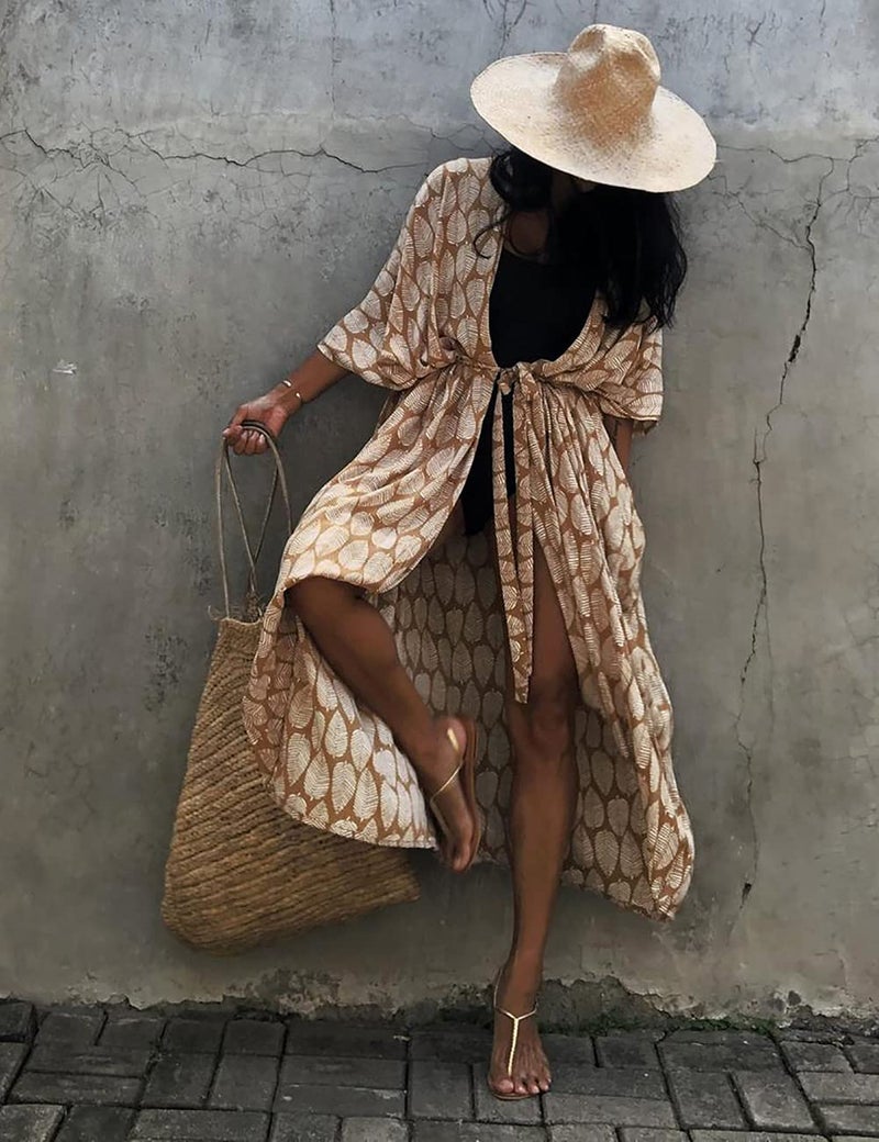 Bsubseach Leaf Print Loose Bathing Suit Cover Up Sexy Kimono 3/4 Sleeve Summer Cardigans for Women Ginger - Image 5